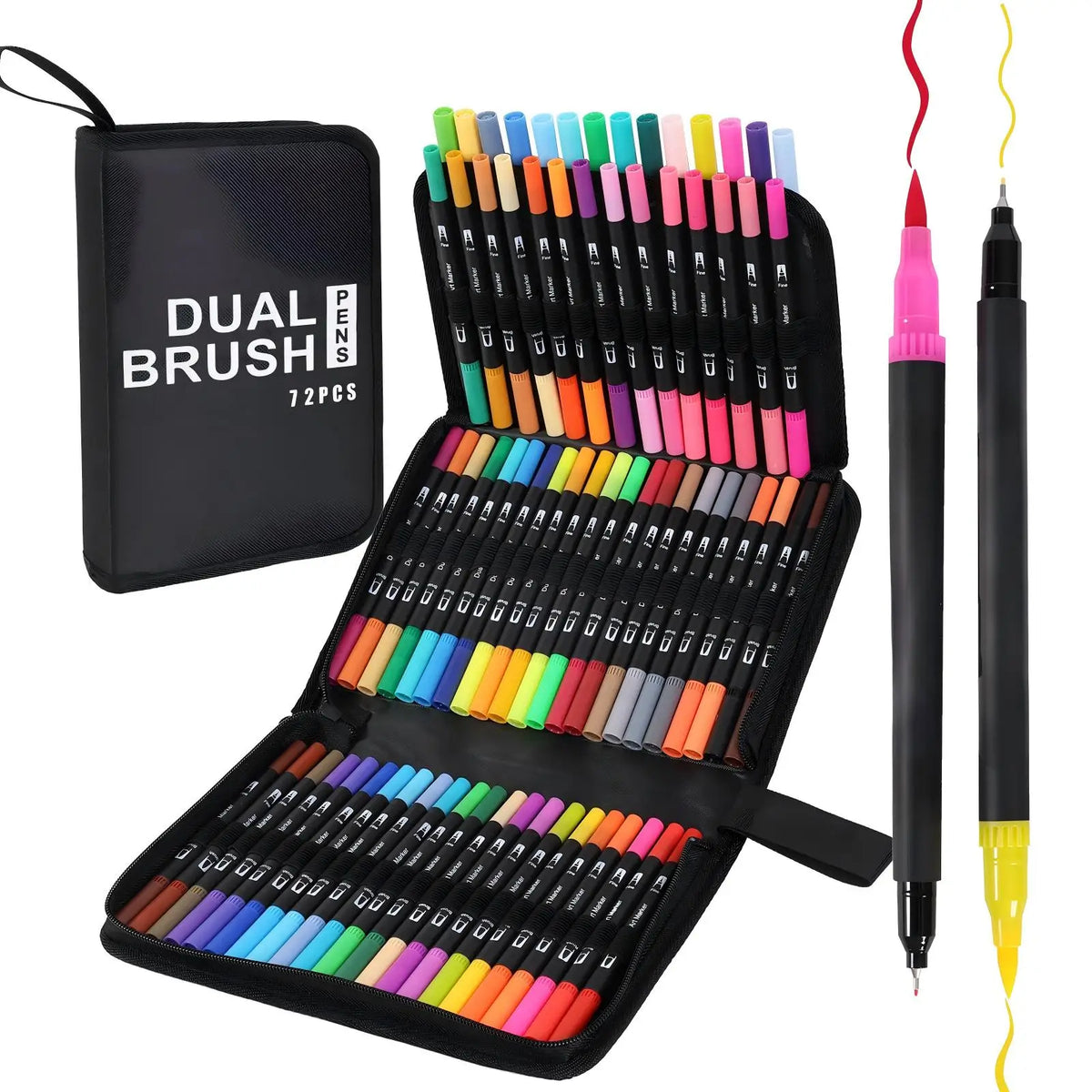 A black pencil case containing a set of 36 dual-tip brush markers in various vibrant colors.