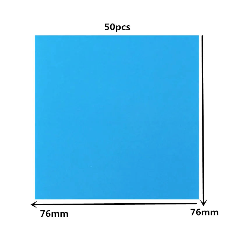 A square blue sticky note memo pad with dimensions of 76mm by 76mm.