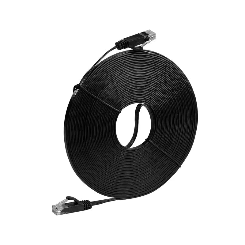 Black CAT 6 Ethernet network cable coiled and with connectors.