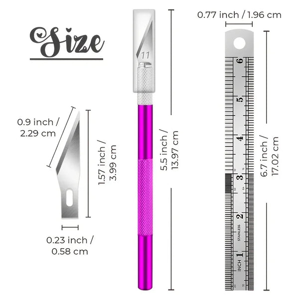 A precision craft knife set showing a silver and purple blade with a measurement scale.
