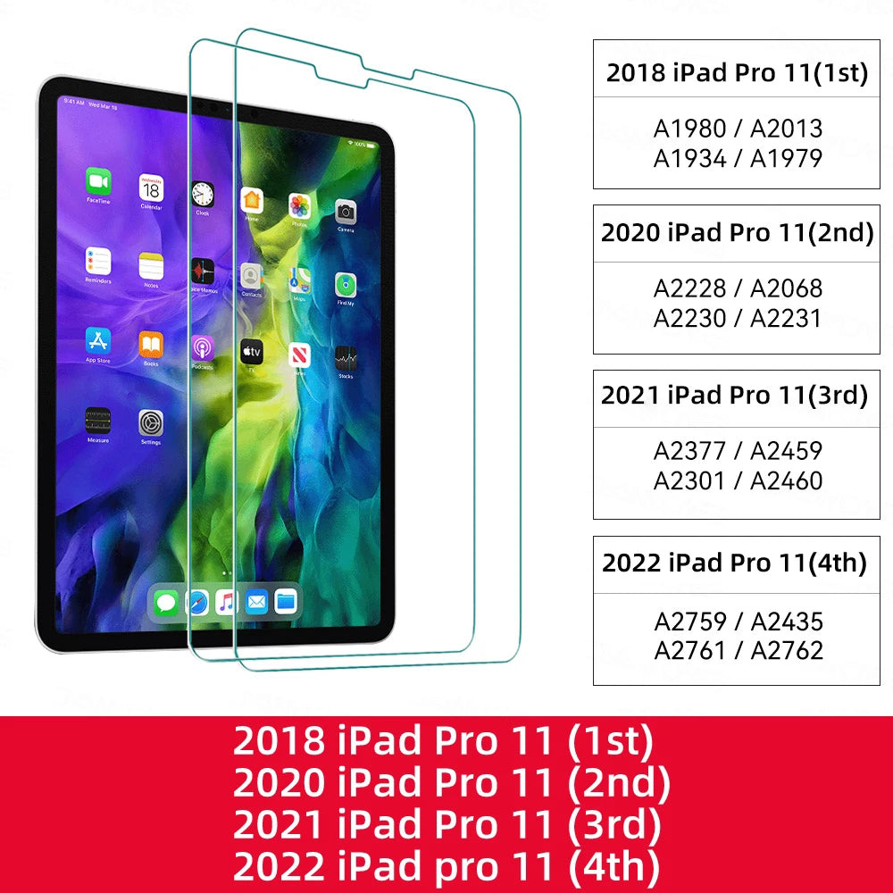 A collection of tempered glass screen protectors for various generations of iPad Pro models.