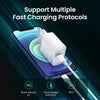 A white fast charging cable is shown connecting a power adapter to an iPhone, illustrating support for PD, QC, and BC1.2 prot