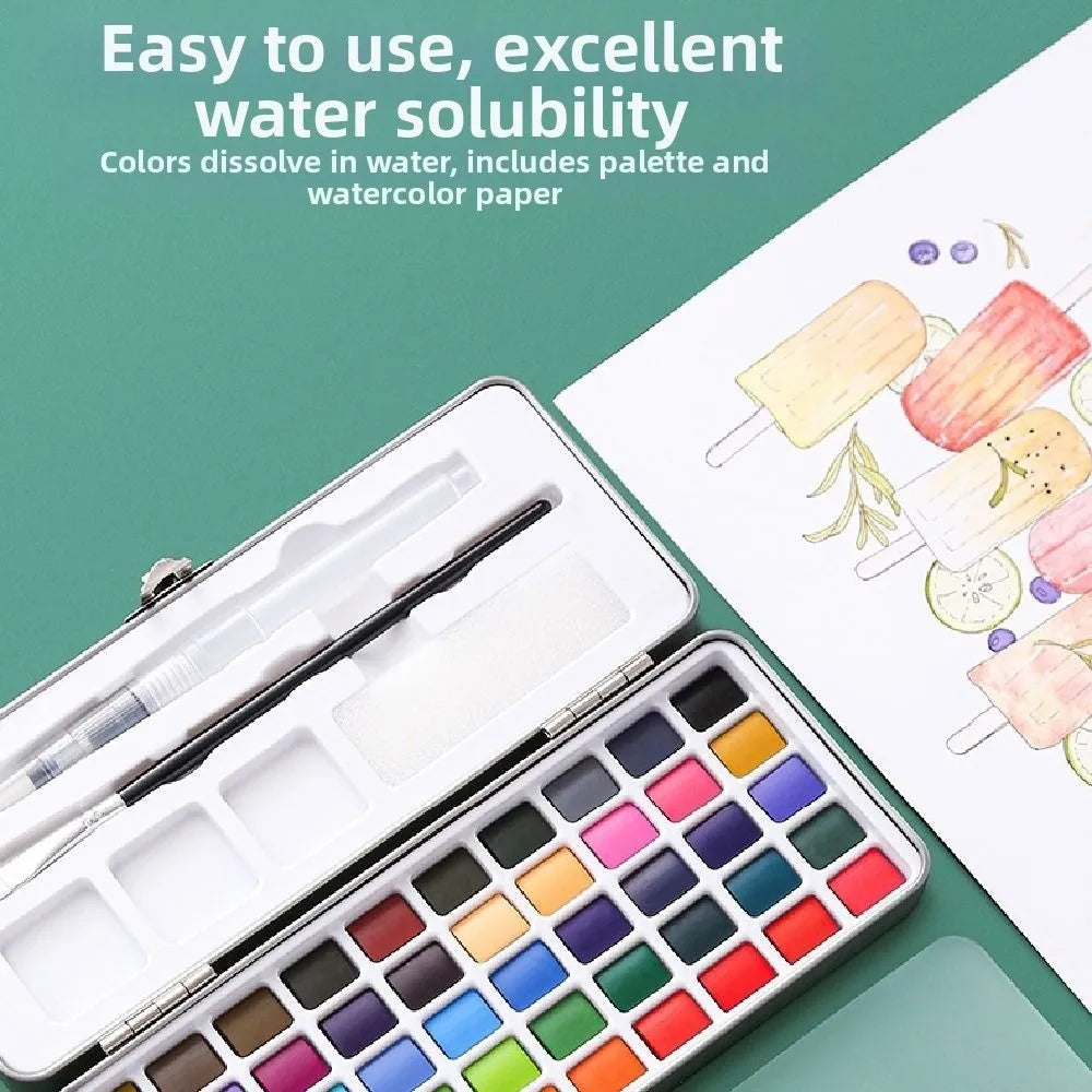 A watercolor paint set with brushes and a palette is shown next to watercolor paper.
