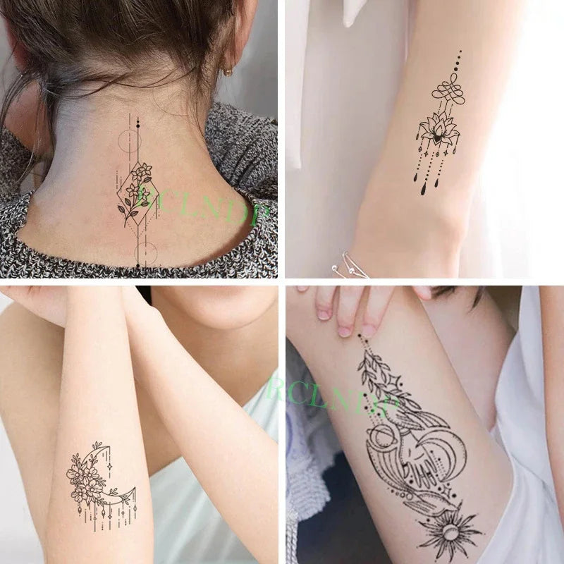 Primeros planos de tatuajes temporales de varios diseños aplicados en el cuello y el brazo.