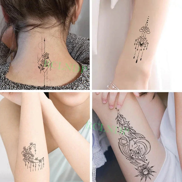 Close-up photos show various multi-design temporary tattoos applied to the neck and arm.
