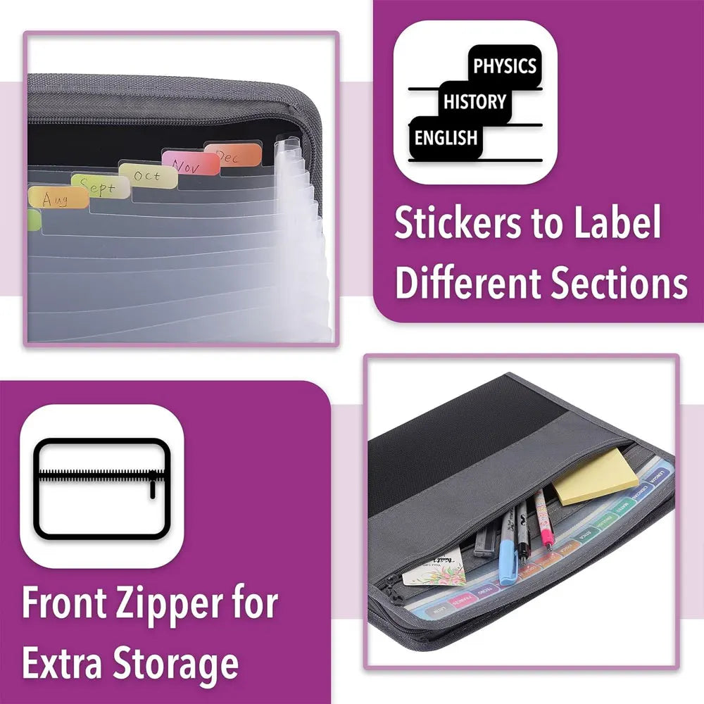 A set of stickers labeled Physics, History, and English for labeling different sections of a document folder.