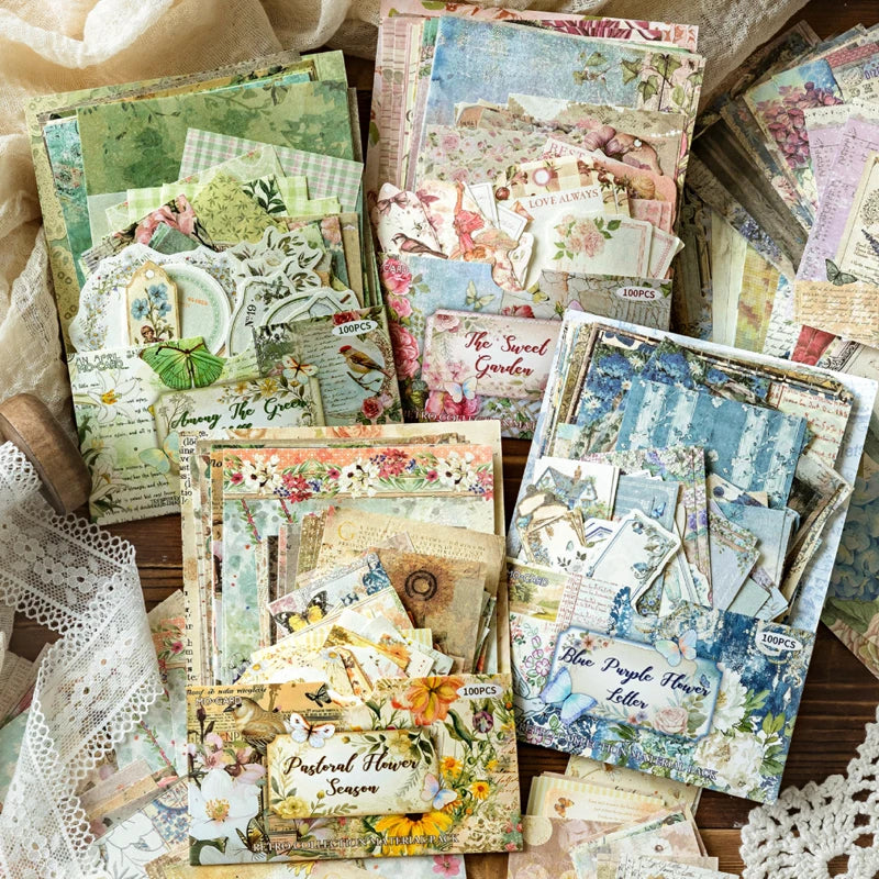 A collection of vintage and floral patterned paper sheets for DIY scrapbooking and journaling.