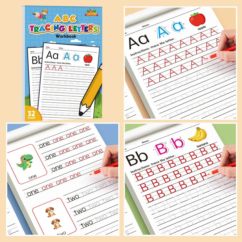 A workbook for tracing letters and numbers, showing examples of tracing AA and Bb letters.