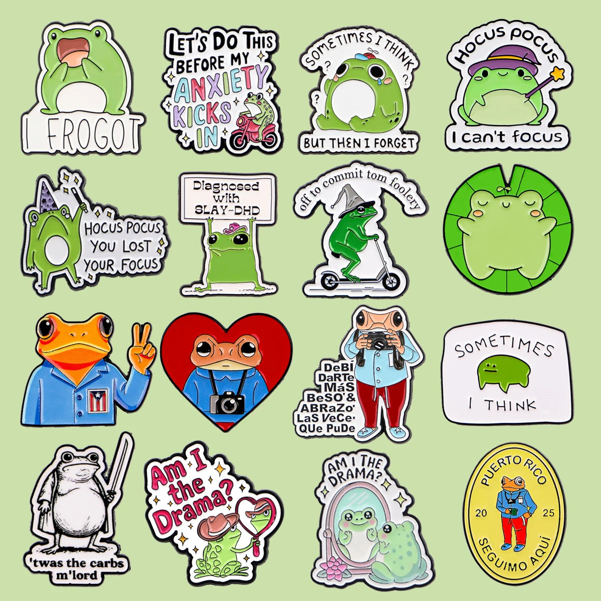A collection of enamel pins featuring various frogs and humorous text