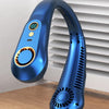 A blue bladeless portable neck fan is shown against a white background on a wooden surface.