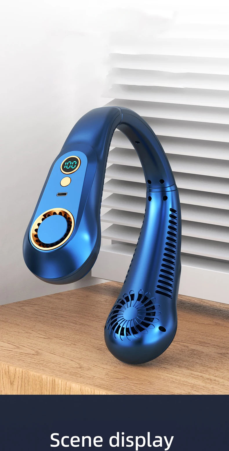 A blue bladeless portable neck fan is shown against a white background on a wooden surface.