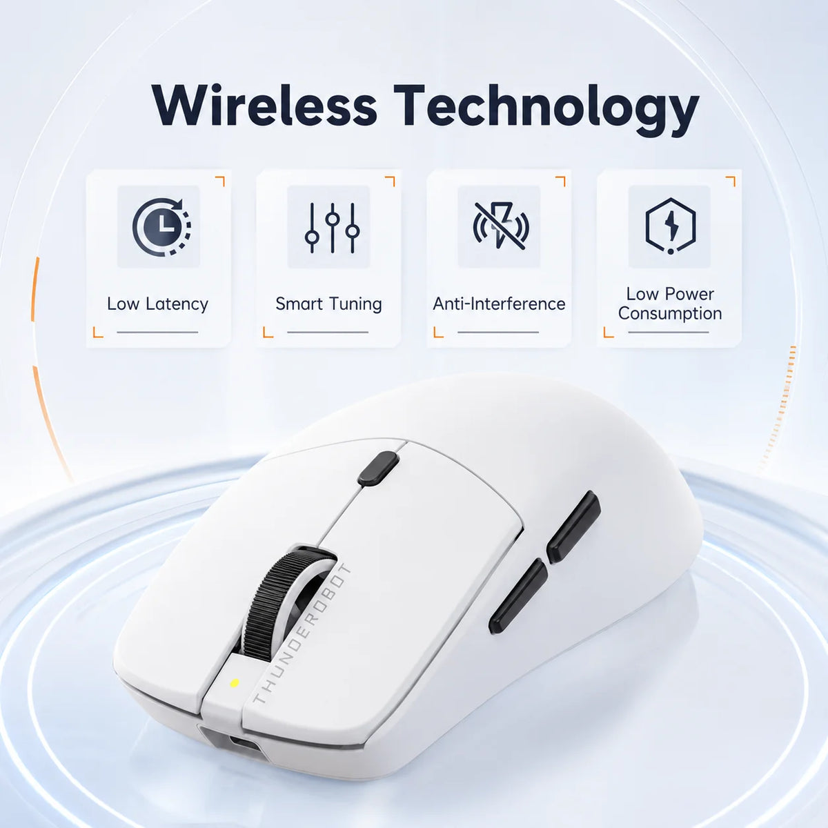 Weißer Multi-Modus-Wireless-Gaming-Maus mit Features wie geringer Latenz, intelligenter Abstimmung, Anti-Interferenz und geri