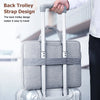 A silver laptop bag with a black strap design is shown being held by a hand.