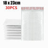 A stack of white self-sealing pearl film bubble shipping bags, measuring 18 x 23 cm, with a sheet of the product displayed ne