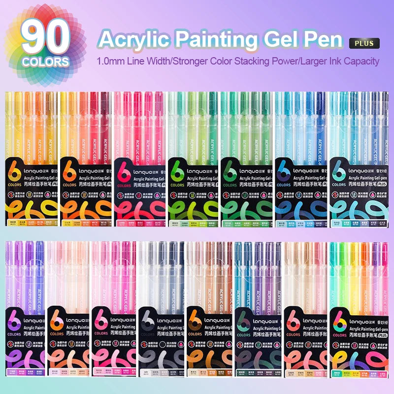 A collection of 90 colored Acrylic Painting Gel Pens in various shades and packaging.