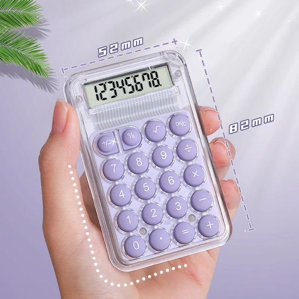 A hand holds a clear mini silent calculator displaying 12345678 on a light purple background.