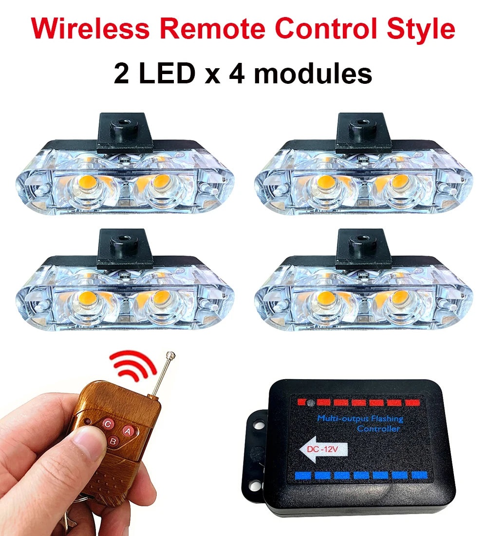 Four modules of wireless LED emergency strobe lights and a flashing controller are shown.