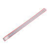 A long, thin stainless steel measuring ruler with millimeter markings and a plastic case.