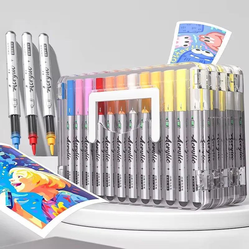 Un set de marcadores acrílicos de control de tinta con puntas de pincel en varios colores, mostrados en un estuche de plástic