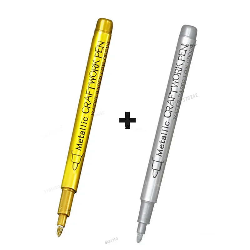 A set of metallic craft brush pen markers shown side by side, one gold and one silver.