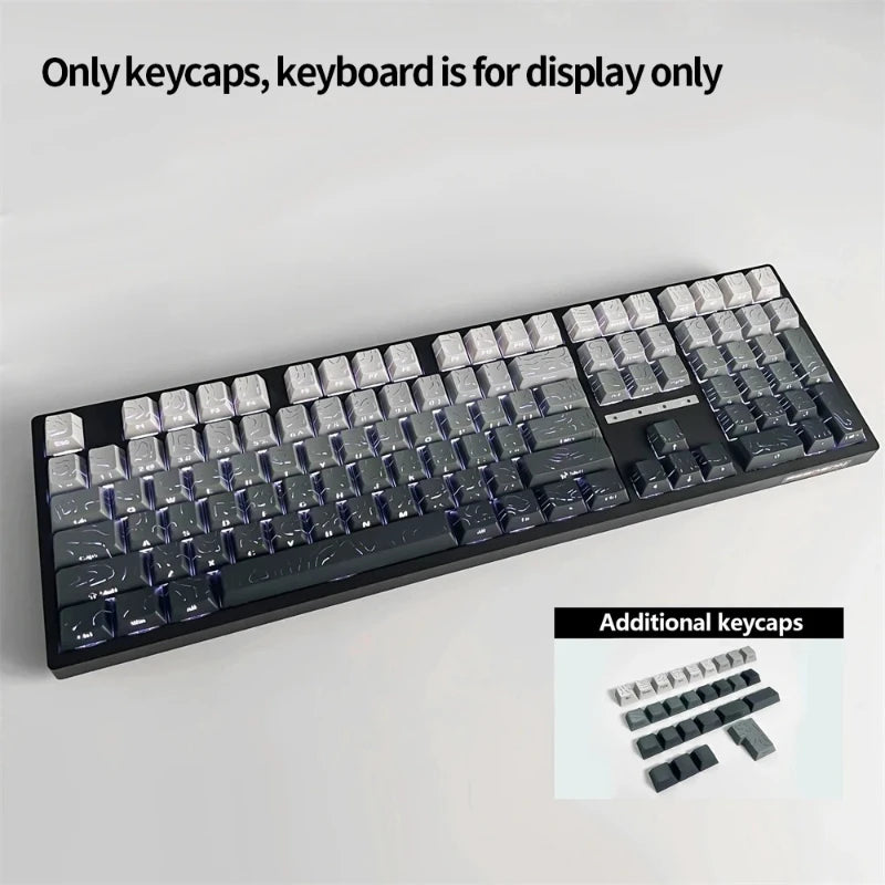 A black mechanical keyboard featuring PBT keycaps, with additional keycaps shown separately.