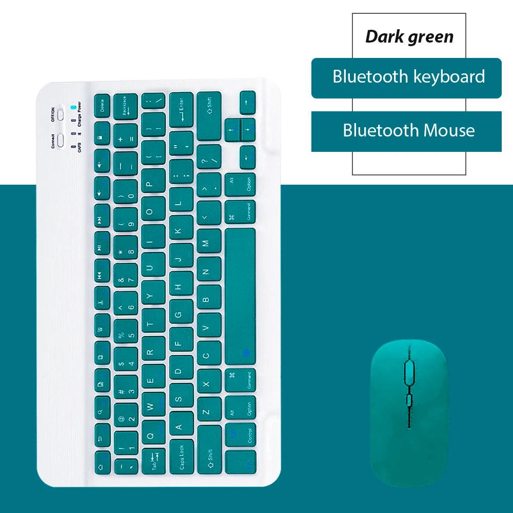 Weißes Bluetooth-Tastatur- und Maus-Set mit dunkelgrünen Akzenten neben den Komponenten.