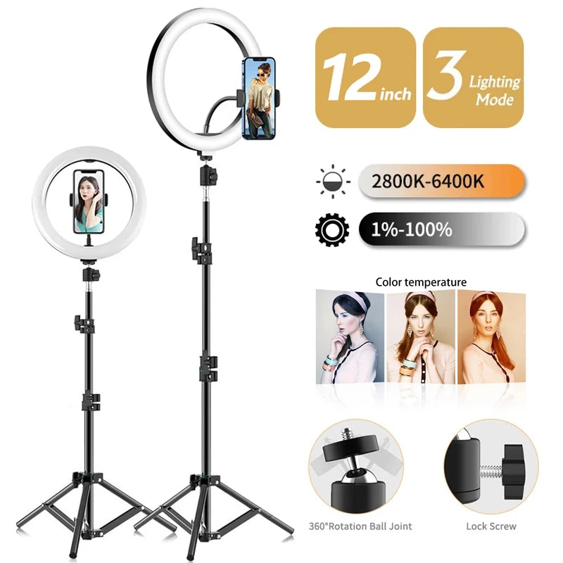 Adjustable LED ring light with a tripod stand and 360 rotation ball joint for phone and makeup