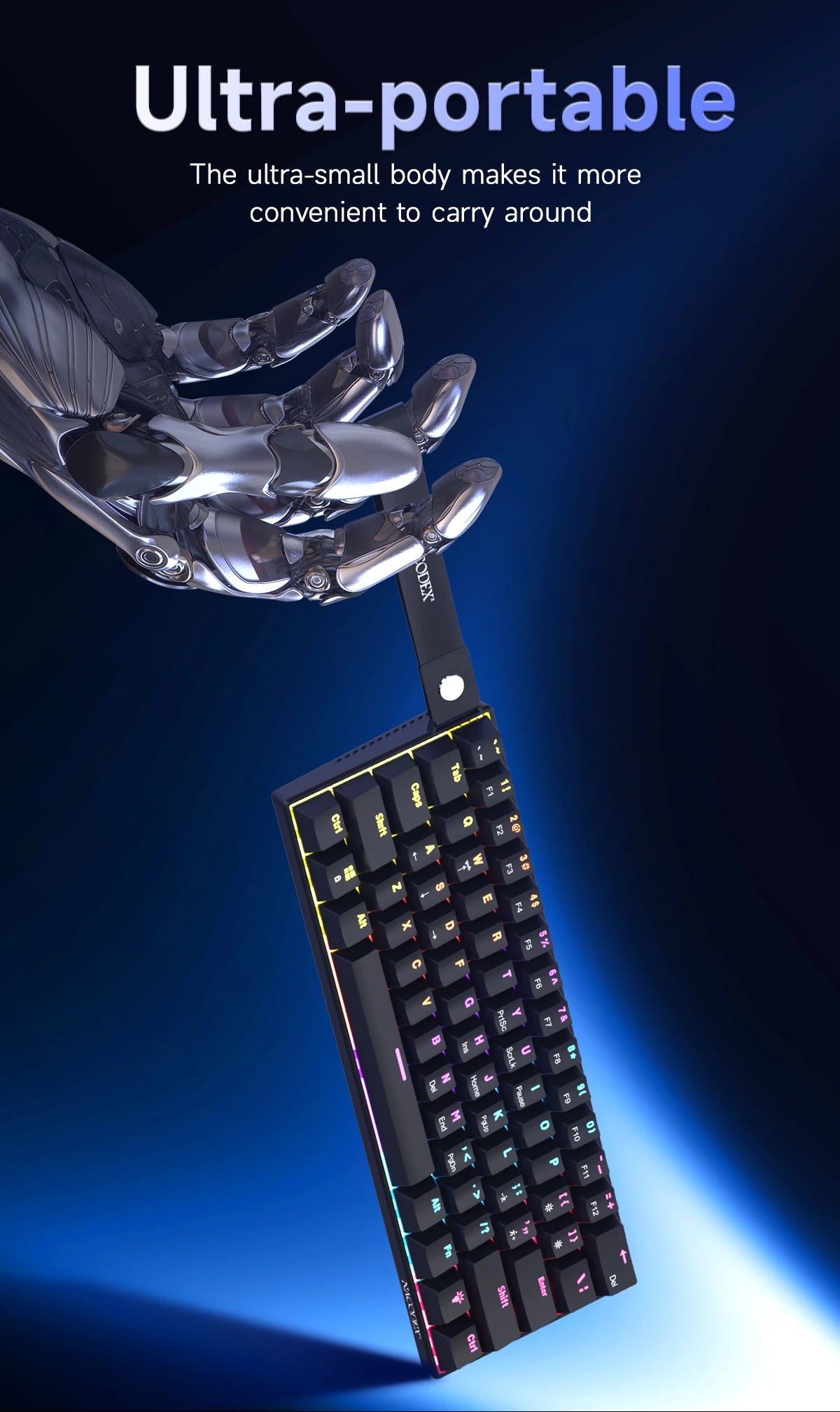 A close-up view of a mechanical RGB wired keyboard attached to a metallic robotic hand, highlighting its ultra-portable desig