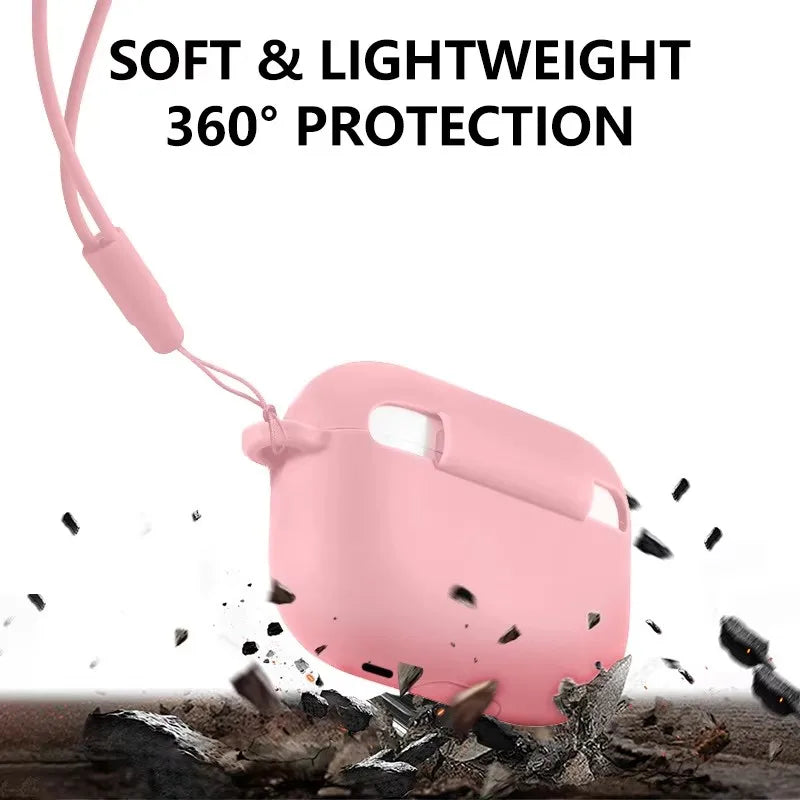 Pink silicone earphone case with a strap demonstrating 360 degree protection against impact.