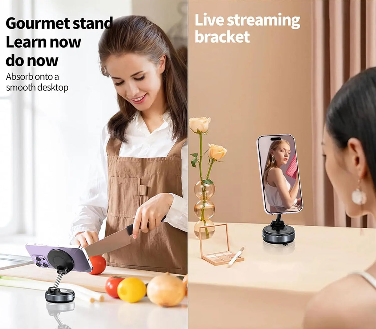 A woman is using a 360° magnetic wireless phone mount on a desk, demonstrating how to absorb onto a smooth desktop.