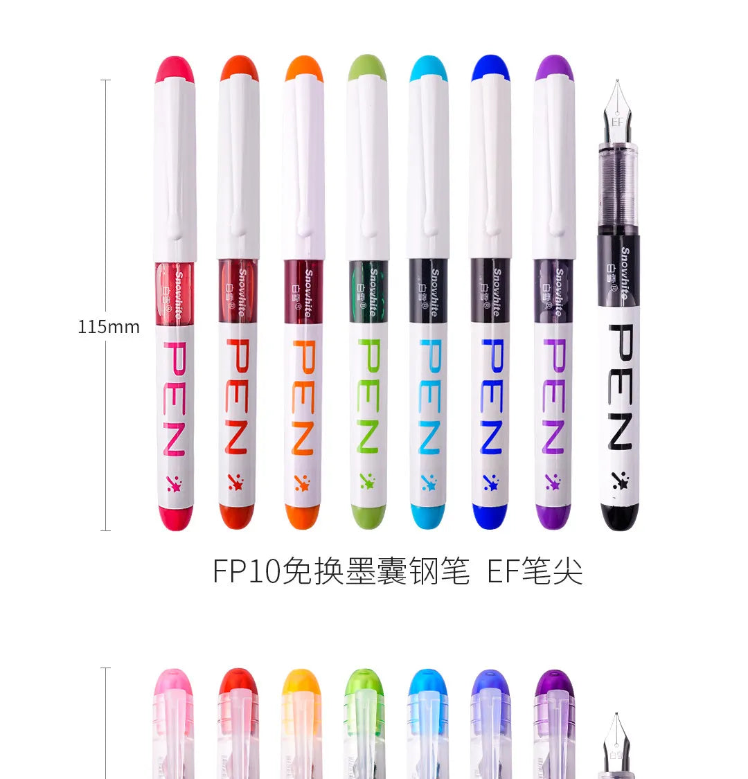 Eight assorted color fine point fountain pens shown vertically in a row with an accompanying nib.