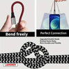 A black braided nylon cable is shown being bent freely and connected to a smartphone for perfect connection.