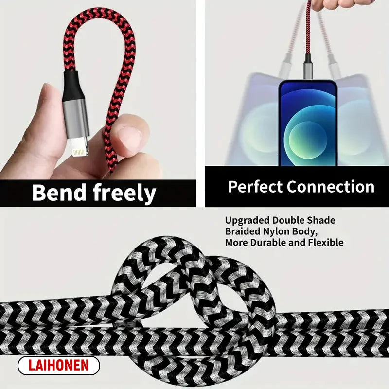 A black braided nylon cable is shown being bent freely and connected to a smartphone for perfect connection.