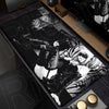 A black and white illustration of a character in a dark outfit on an oversized mouse pad.