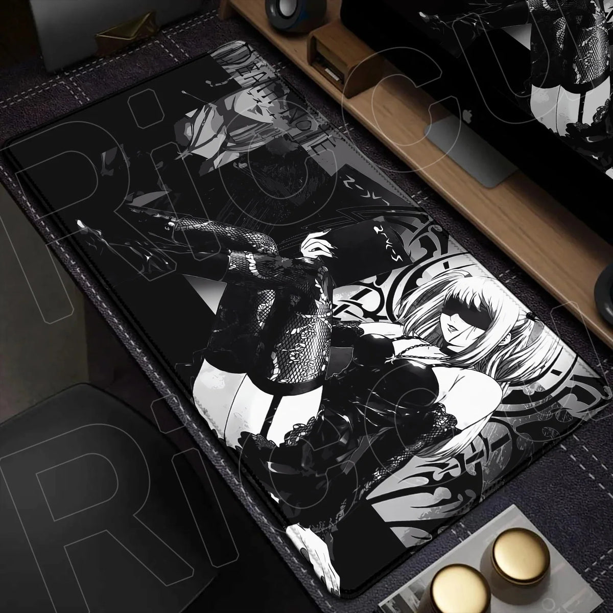 A black and white illustration of a character in a dark outfit on an oversized mouse pad.