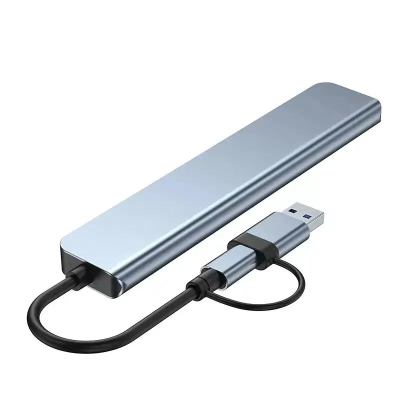 Silver 8-in-2 Multi-Function USB Hub Docking Station with a flexible cable.