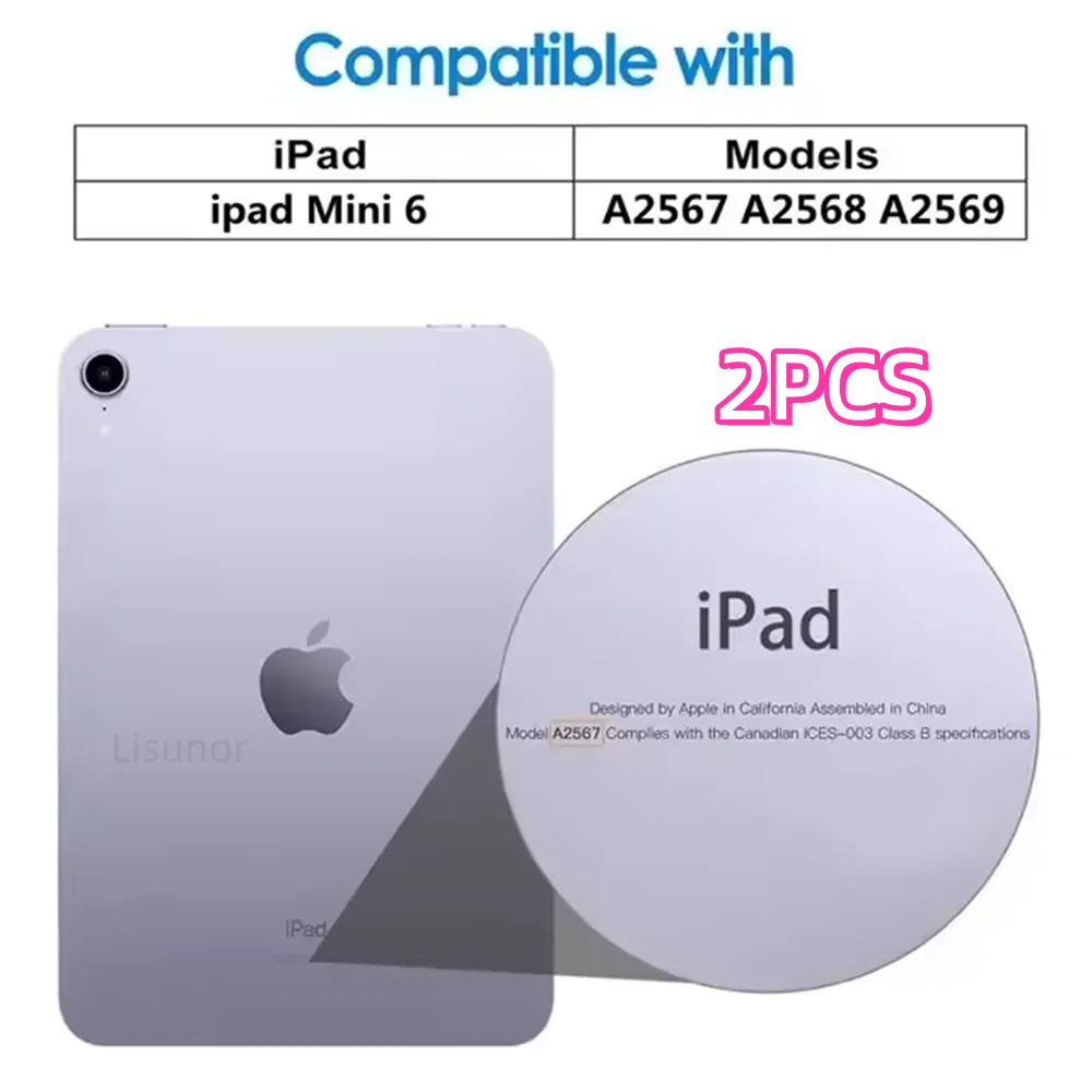 A 2-pack of 9H tempered glass screen protectors for iPad Mini 6 models A2567, A2568, and A2569.