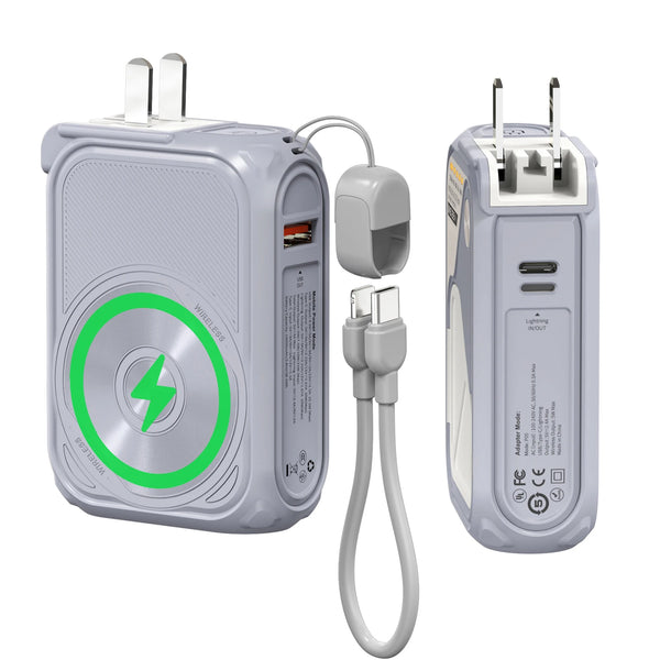A gray magnetic wireless power bank with built-in cables and a foldable plug adapter.