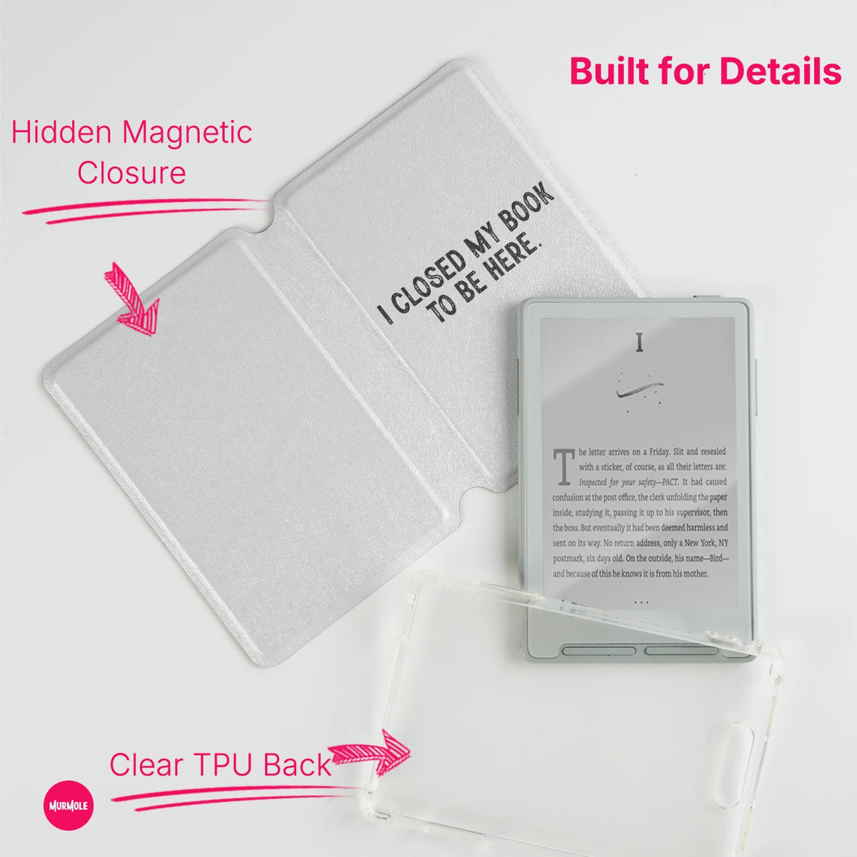 A white magnetic folio cover for an e-reader, showing its hidden magnetic closure and clear TPU back.