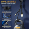 A black durable and flexible fast charging USB cable being tested for durability.
