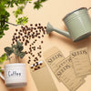 A light green watering can pours coffee beans onto a pile of brown seed envelopes and a white coffee mug.