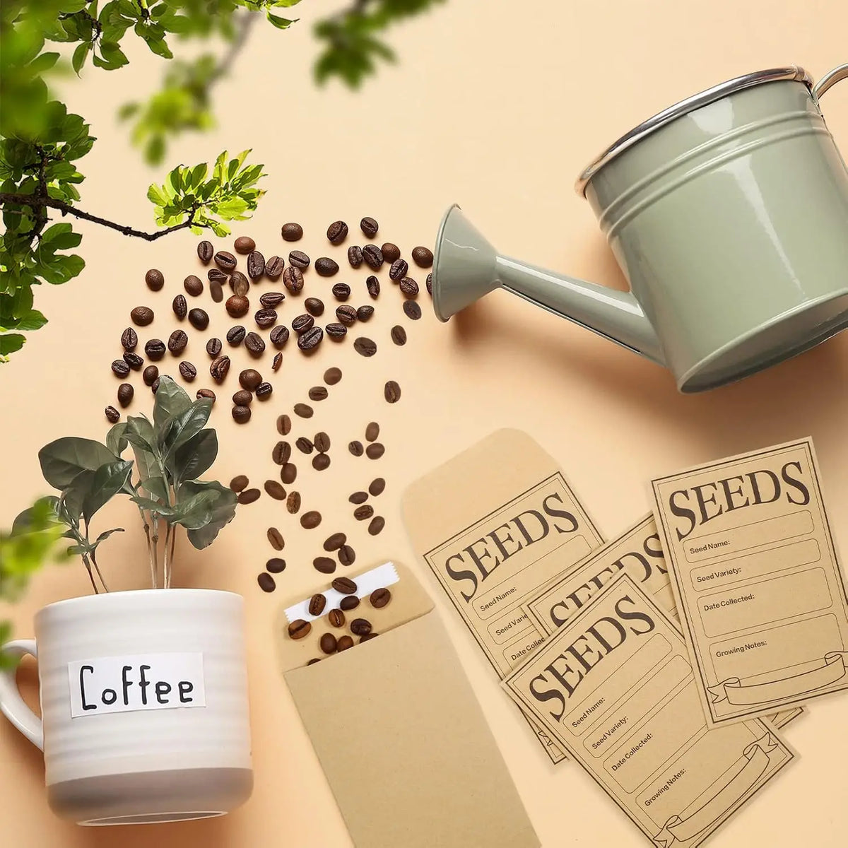 A light green watering can pours coffee beans onto a pile of brown seed envelopes and a white coffee mug.