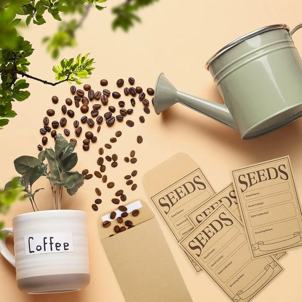 إبريق سقي أخضر فاتح يسكب حبوب قهوة على أكوام من أغلفة البذور البنية وفنجان قهوة أبيض.