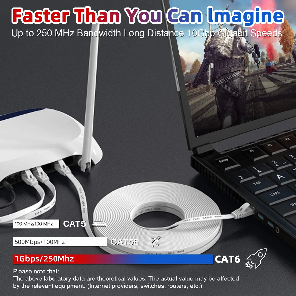 كابل شبكة إيثرنت من نوع CAT5 و CAT6 أبيض بجوار حاسوب محمول يعرض فيديو.