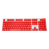 A set of red mechanical keyboard keycaps for a 104-key keyboard.