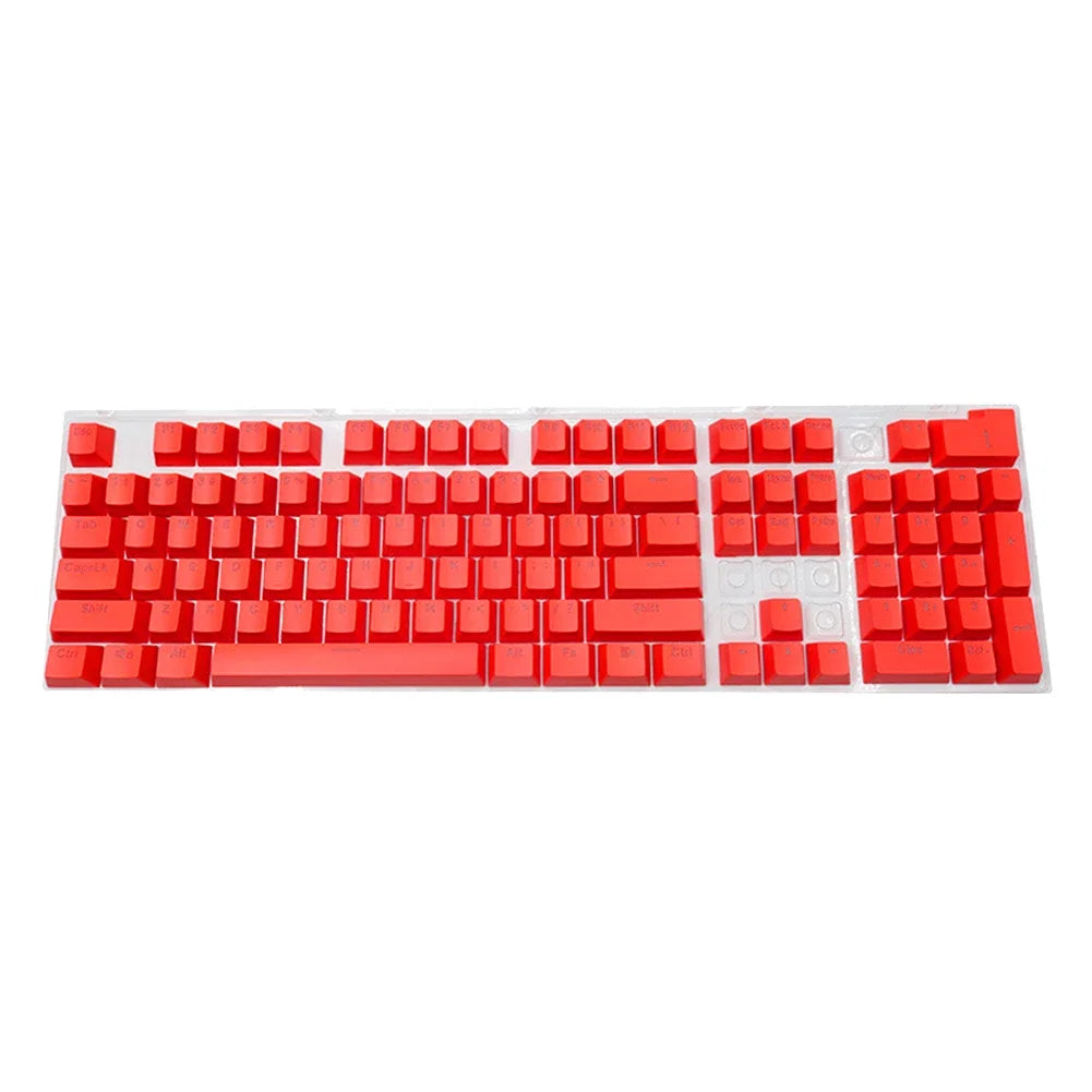 A set of red mechanical keyboard keycaps for a 104-key keyboard.