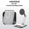 A silver magnetic ring desktop stand for a tablet, shown next to the product packaging.