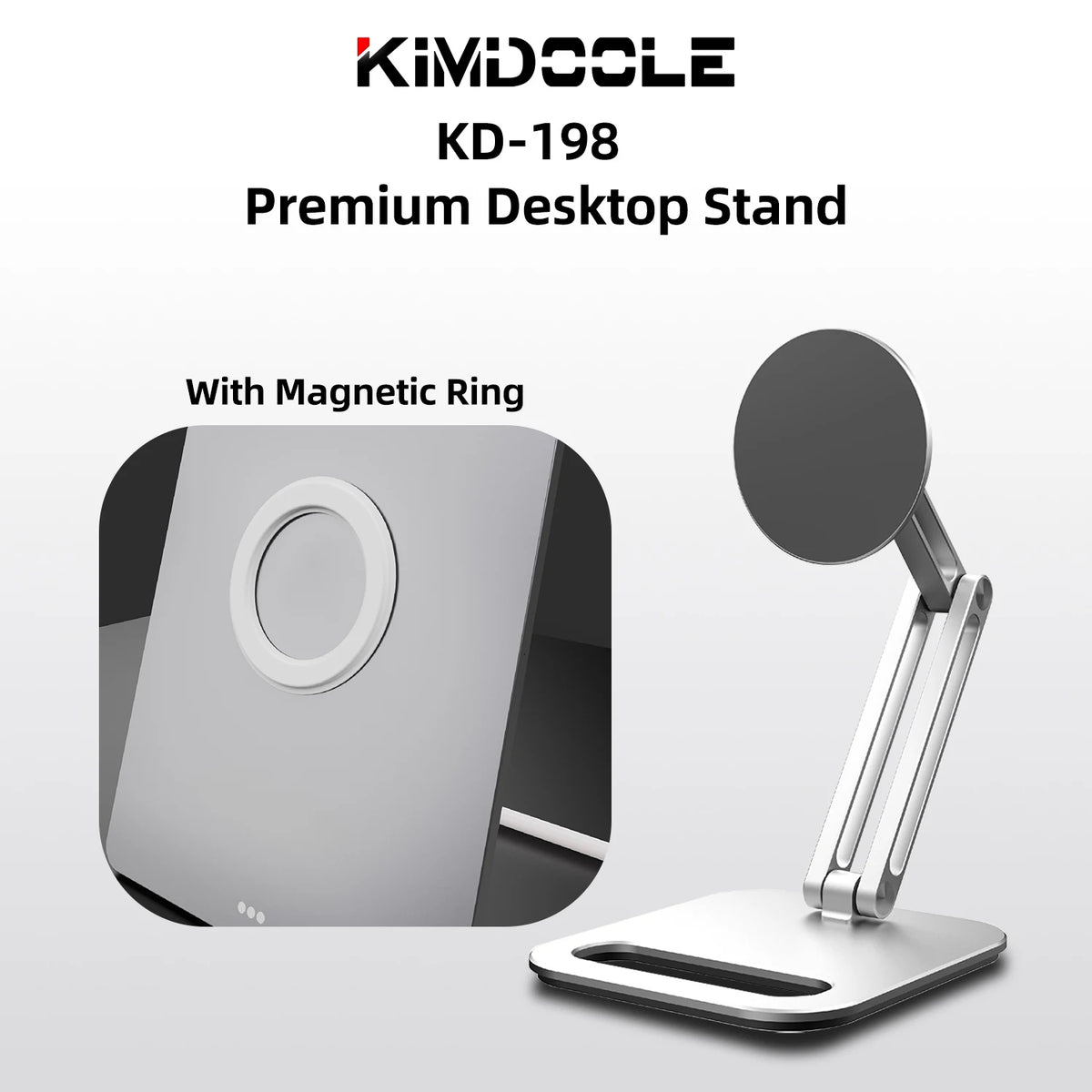 A silver magnetic ring desktop stand for a tablet, shown next to the product packaging.