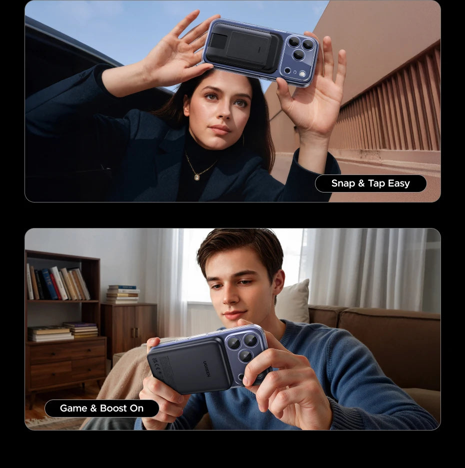 A woman holds a dark smartphone with a clear magnetic case, demonstrating Snap & Tap Easy.