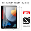 Two ultra-clear tempered glass screen protectors for iPad 7th, 8th, 9th, and 10.2 inch models with an installation tool.